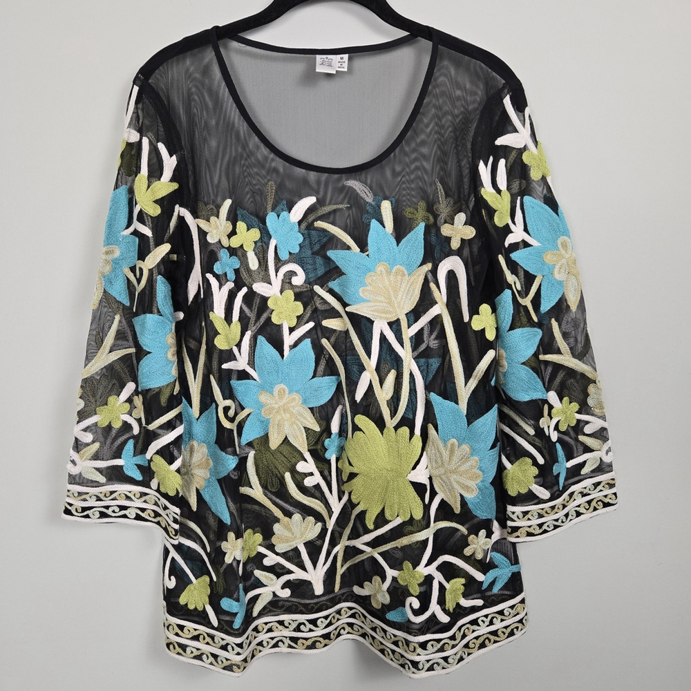Parsley & Sage Womens Mesh Floral Embroidered Tunic Top Medium Black Sheer Artsy